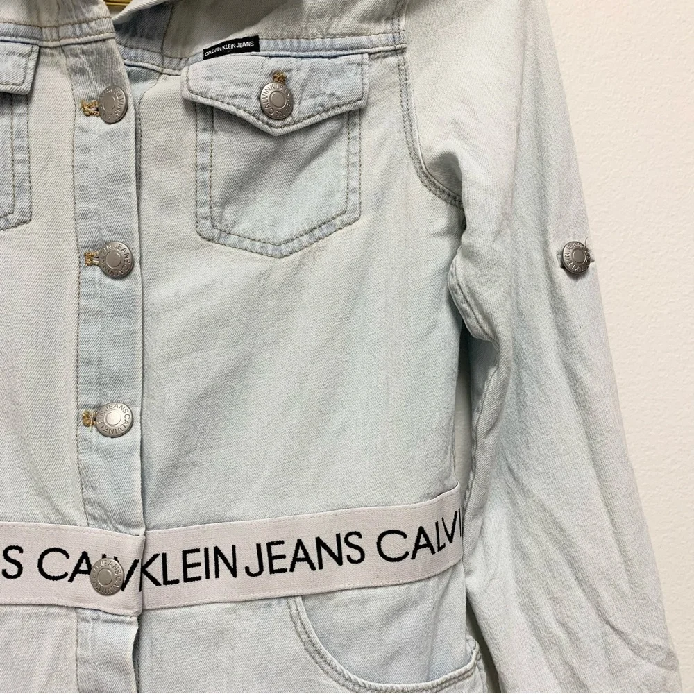 Calvin Klein Girls Chambray Denim Shirt Dress‎ Size M Logo Waistband Long Sleeve